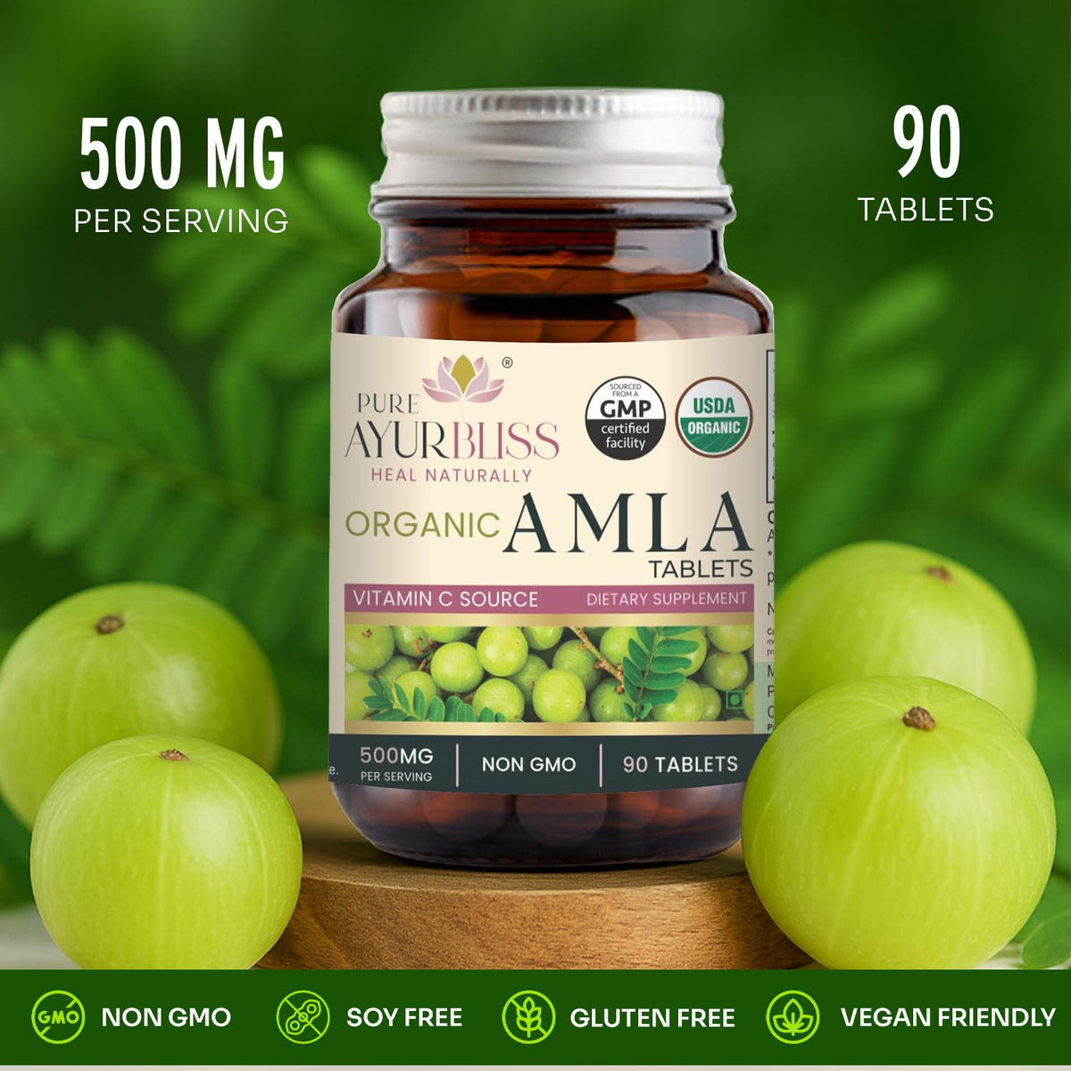 Tablettes Amla bio sur fond blanc