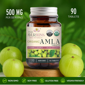 Tablettes Amla bio sur fond blanc