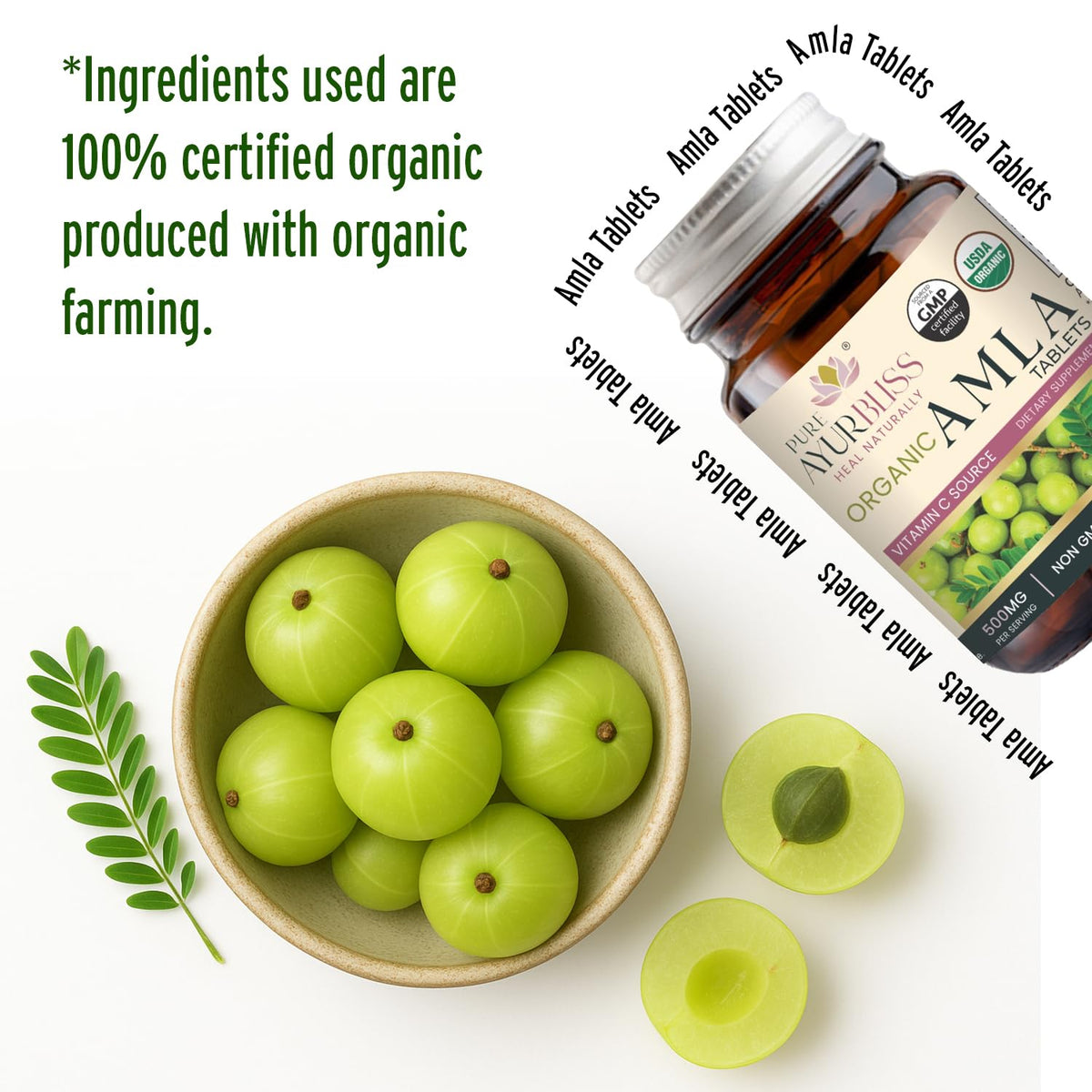 Tablettes Amla bio sur une table en bois