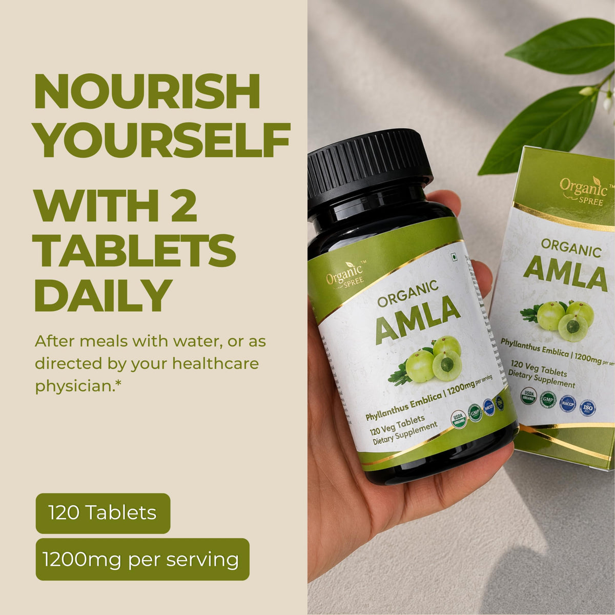 Tablettes Amla ORGANIC SPREE sur une surface en bois