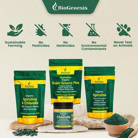 Tablettes Biogenesis SuperGreens Plus ouvertes pour visualisation