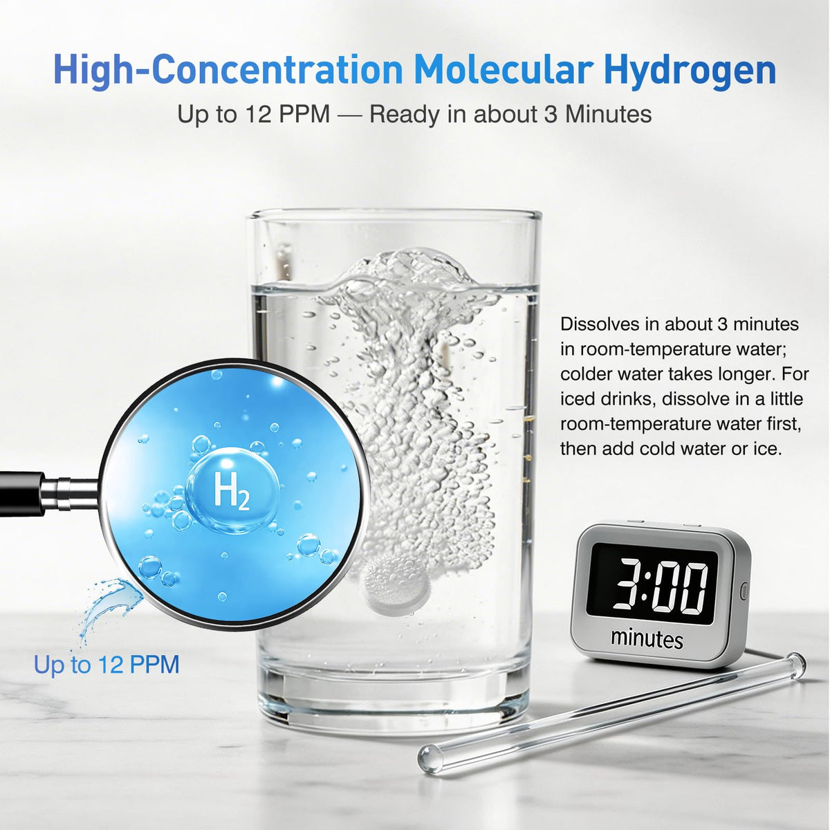 Tablettes d'eau Horjoy avec un verre d'eau à température ambiante