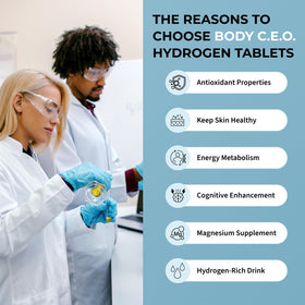 Tablettes d'eau hydrogène BODY C.E.O. à côté d'un verre d'eau