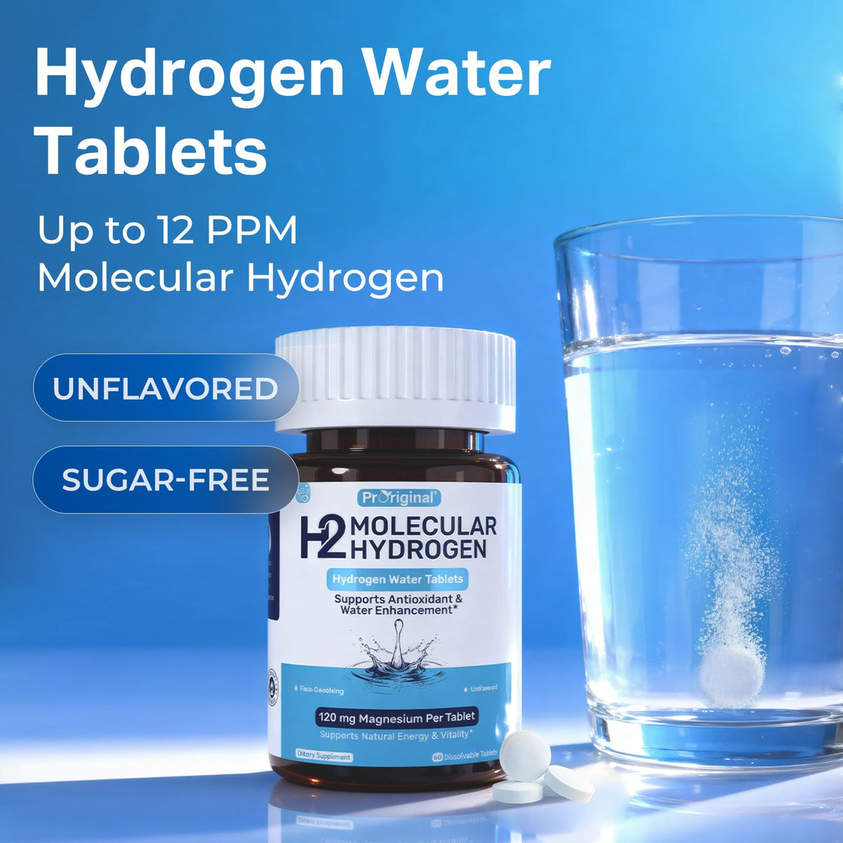 Tablettes d'eau hydrogène Proriginal sur une table