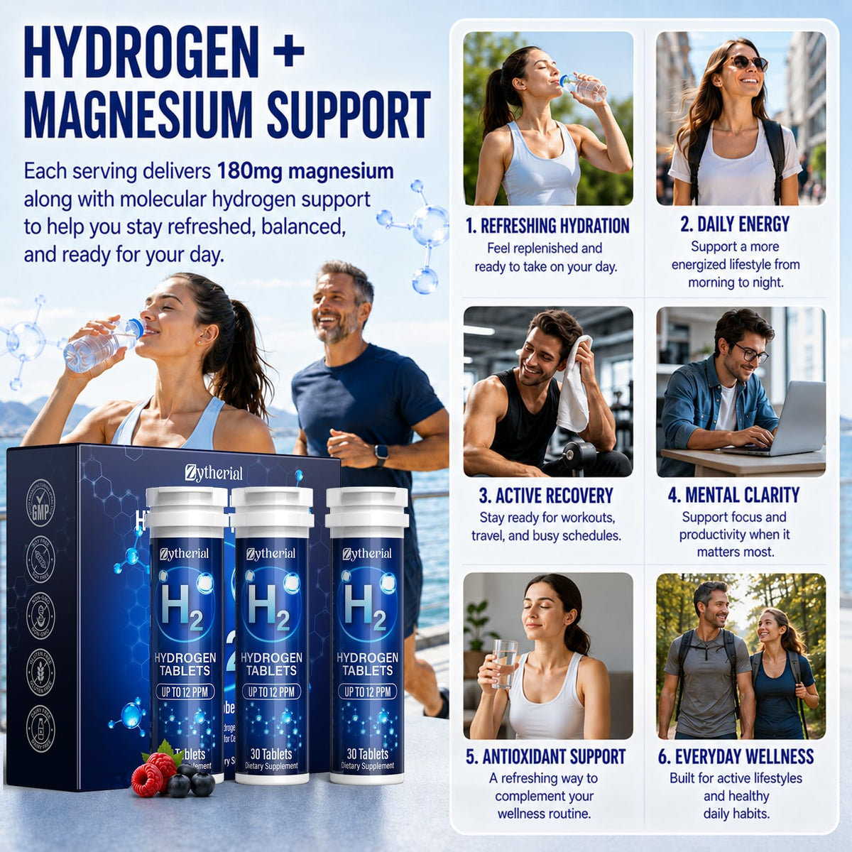 Tablettes d'eau hydrogène Zytherial avec des fruits frais en arrière-plan