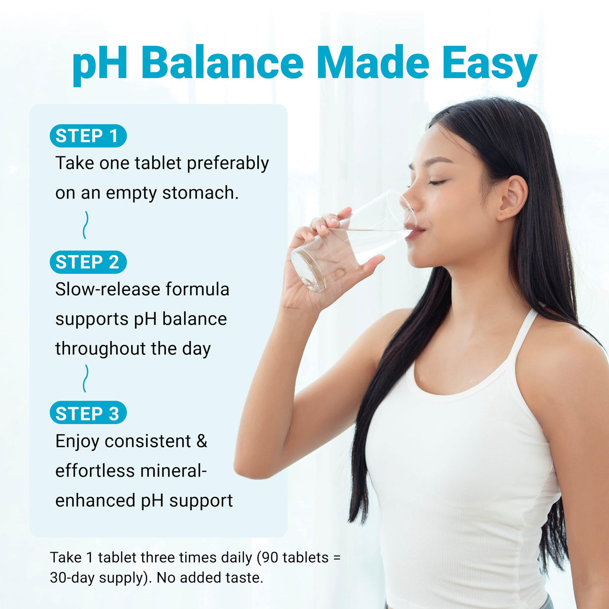 Tablettes d'équilibre pH Alkalife avec un verre d'eau