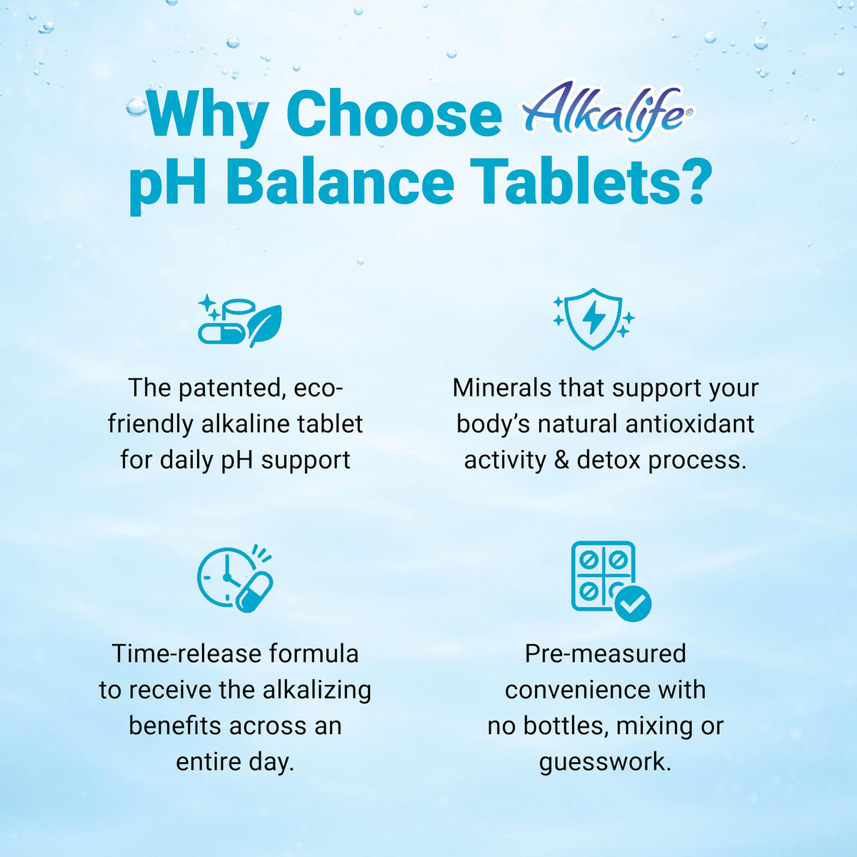 Tablettes d'équilibre pH Alkalife sur un fond naturel