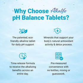 Tablettes d'équilibre pH Alkalife sur un fond naturel