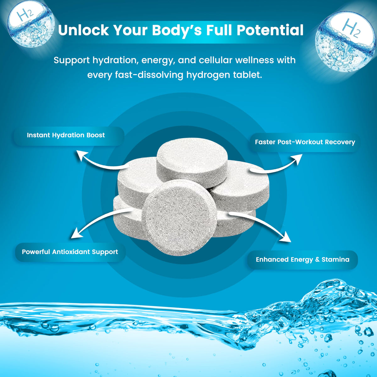 Tablettes d'Hydrogène Healux dans un verre d'eau