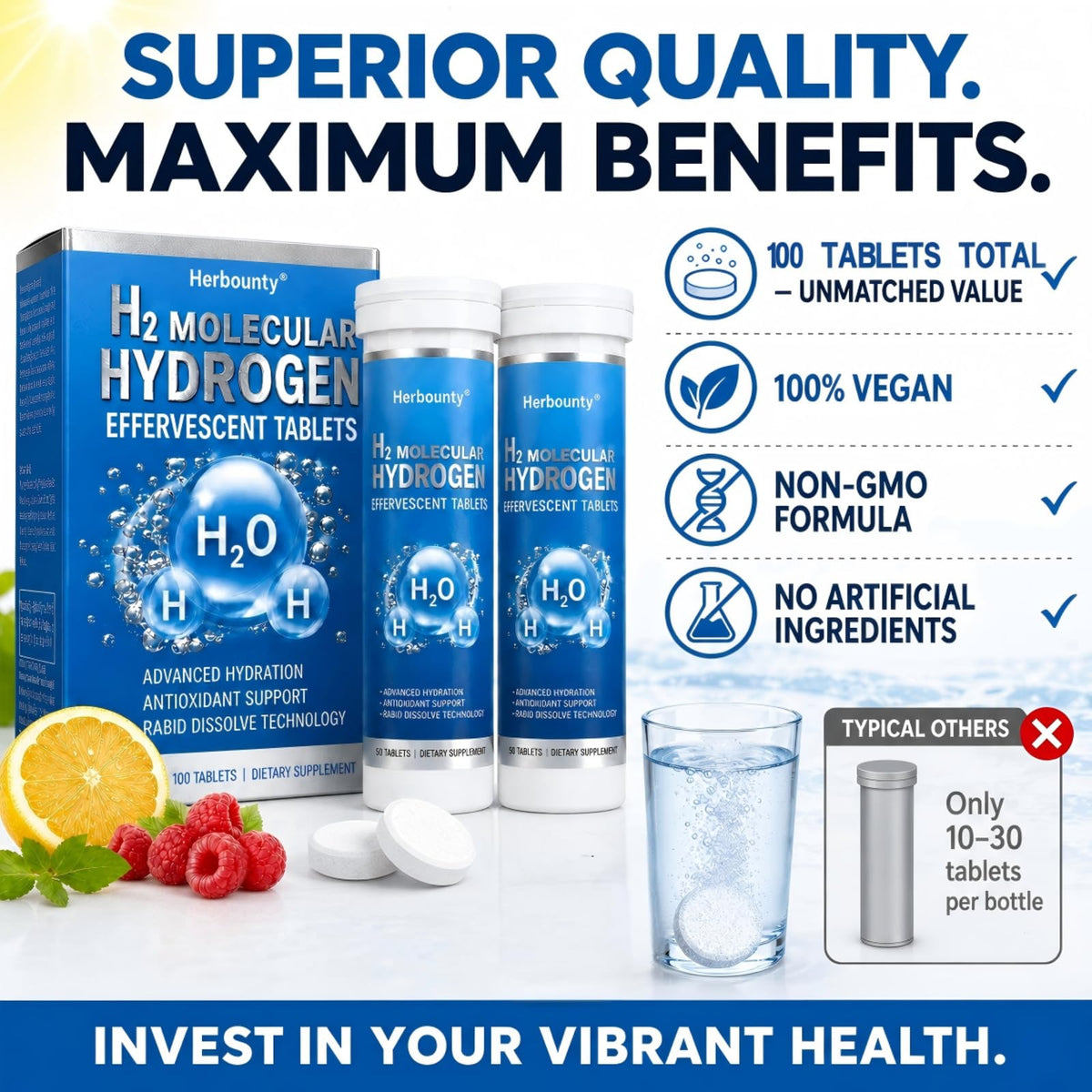 Tablettes d'hydrogène Herbounty prêtes à l'utilisation