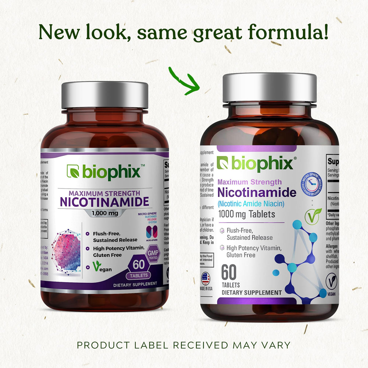 tablettes de biophix B-3 Nicotinamide 1000 mg sur une table en bois