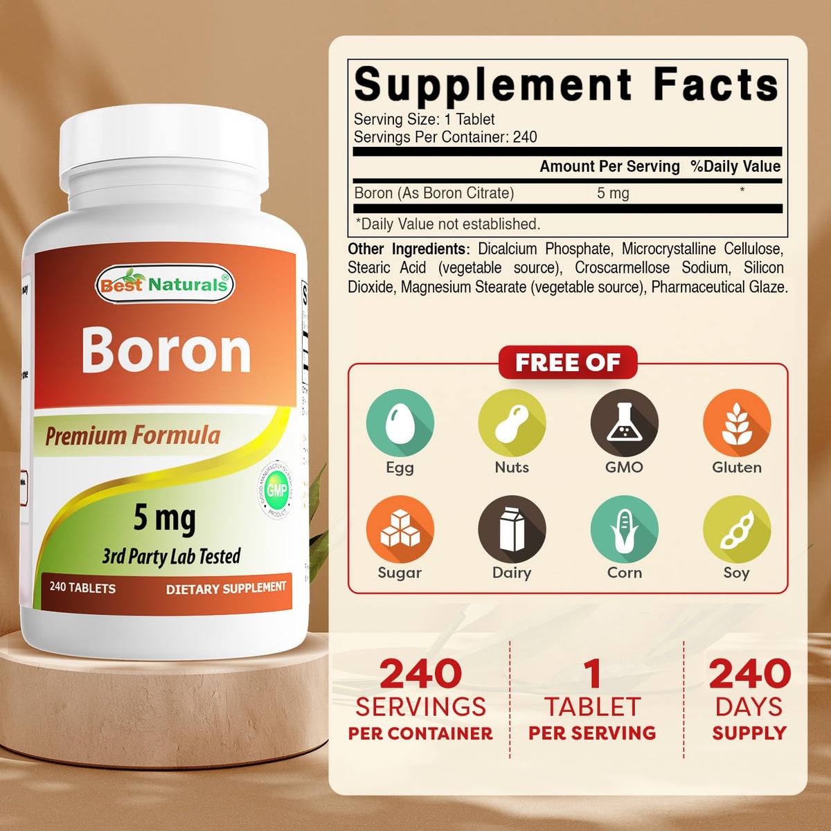 Tablettes de Boron 5 mg de Best Naturals, vue latérale du flacon