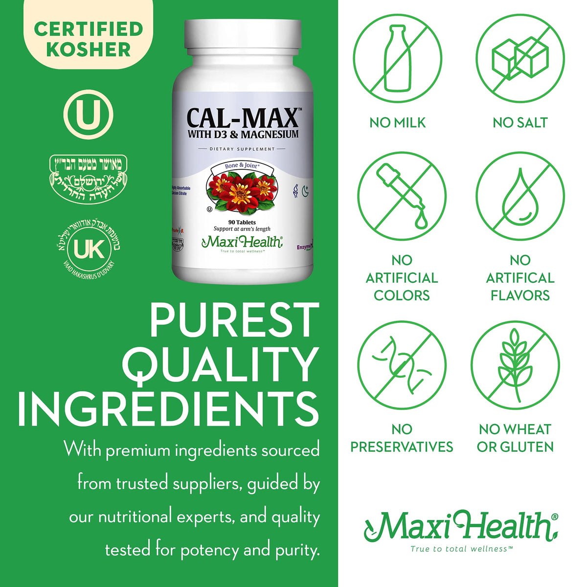 Tablettes de Calcium 1000 mg avec D3 et Magnésium de Maxi Health, sur fond blanc