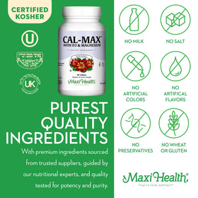 Tablettes de Calcium 1000 mg avec D3 et Magnésium de Maxi Health, sur fond blanc