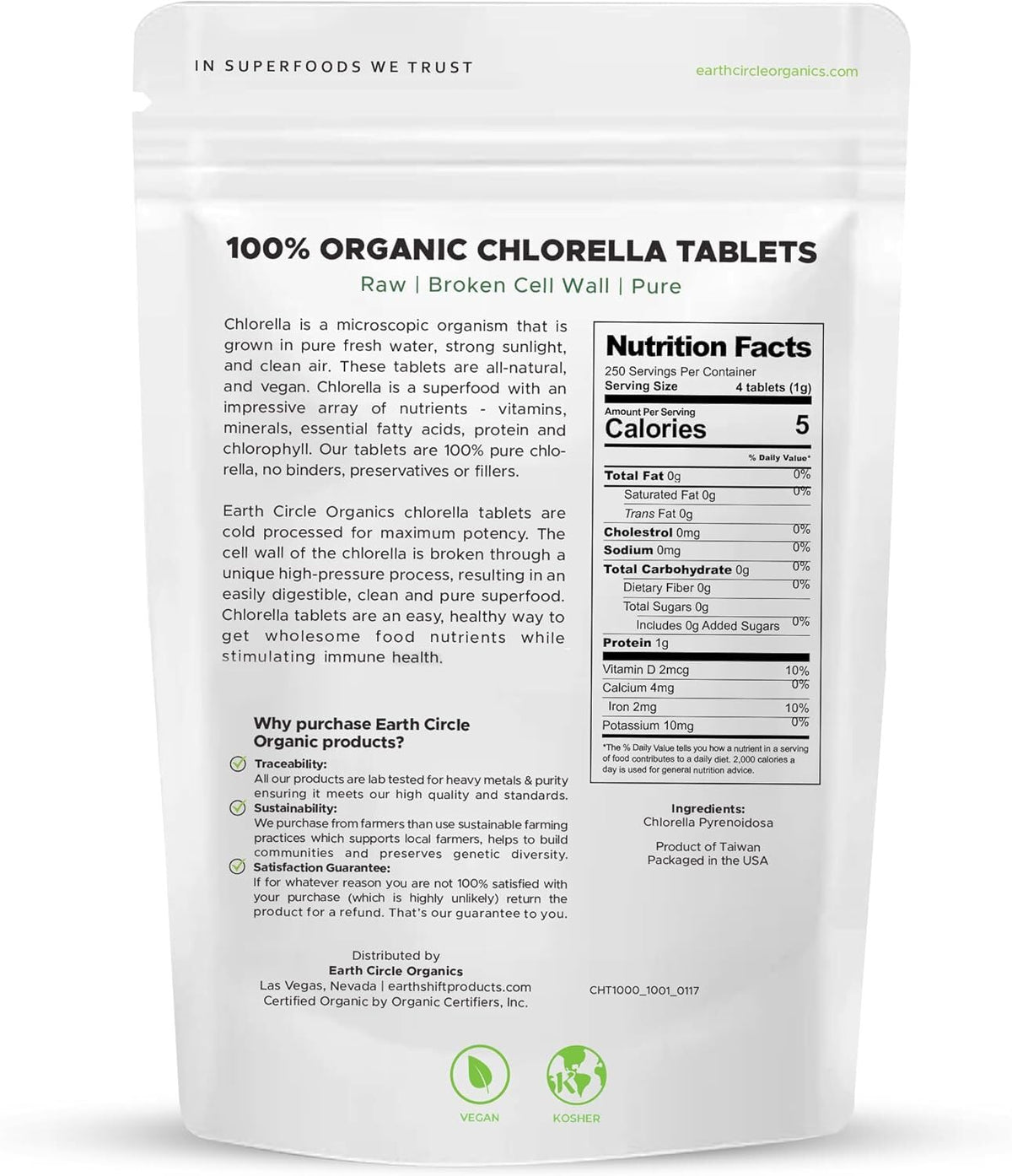 Tablettes de chlorella bio, détail des ingrédients