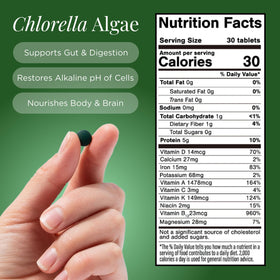 Tablettes de chlorella dans un bol avec une cuillère