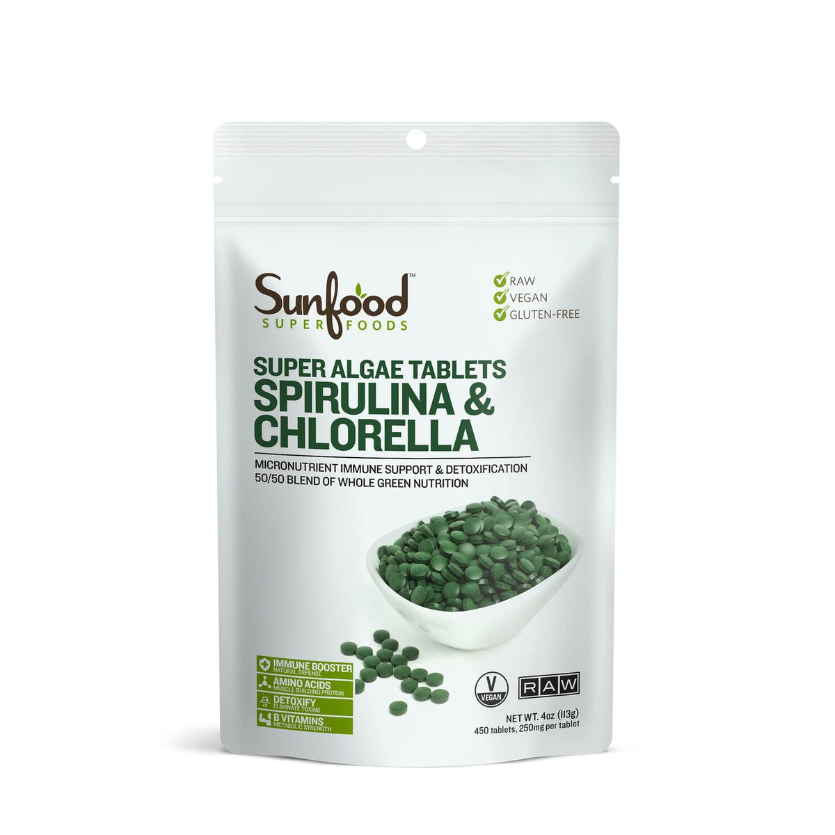 Tablettes de chlorella et spirulina Sunfood Superfoods 118g, vue de face