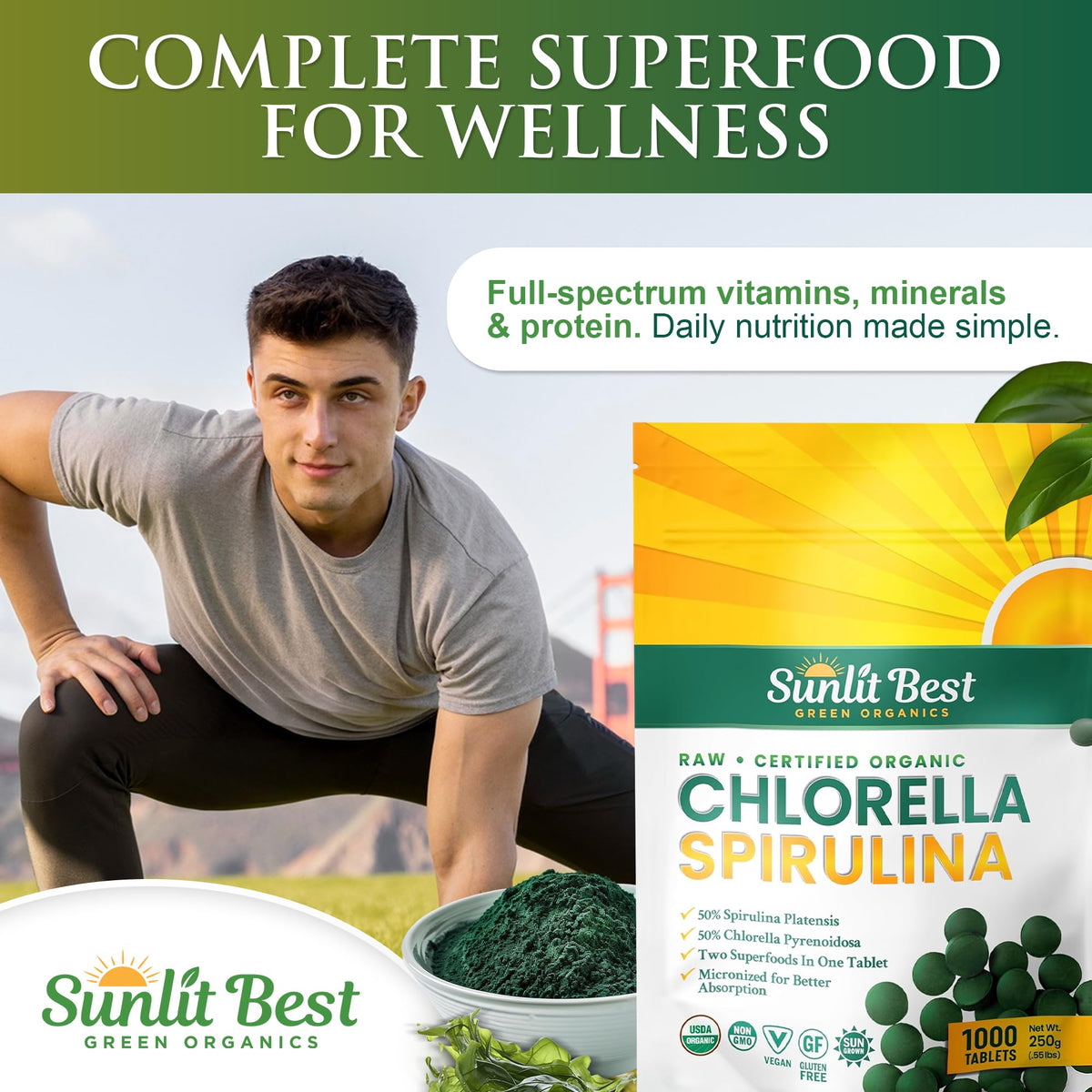 Tablettes de Chlorella Spirulina Sunlit Best en gros plan
