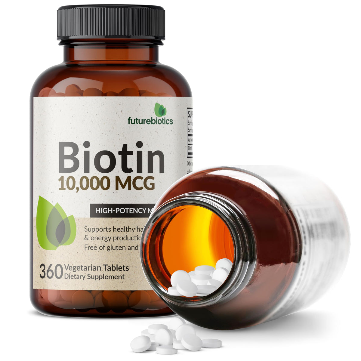 Tablettes de Futurebiotics Biotine 10 000 mcg dans un verre