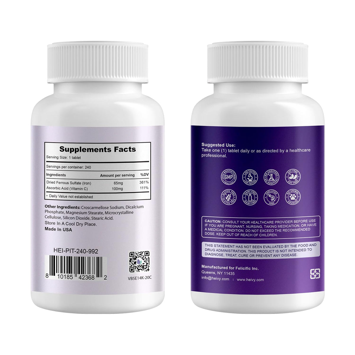 Tablettes de Heivy Fer 325mg avec Vitamine C, vue de près