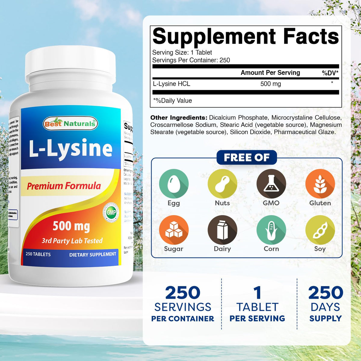Tablettes de L-Lysine 500 mg Best Naturals sur fond blanc