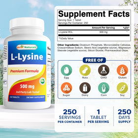 Tablettes de L-Lysine 500 mg Best Naturals sur fond blanc