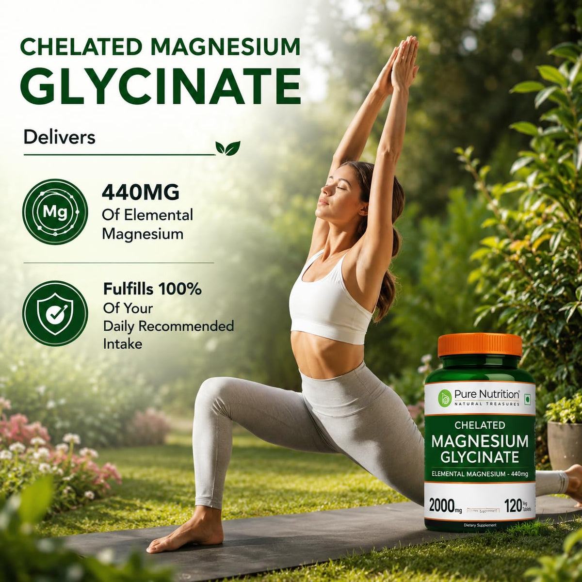Tablettes de Magnésium Chélaté PURE NUTRITION avec une main