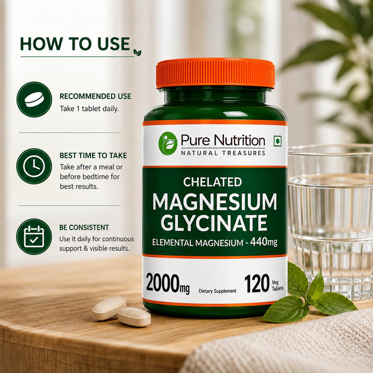 Tablettes de Magnésium Chélaté PURE NUTRITION dans un verre d'eau