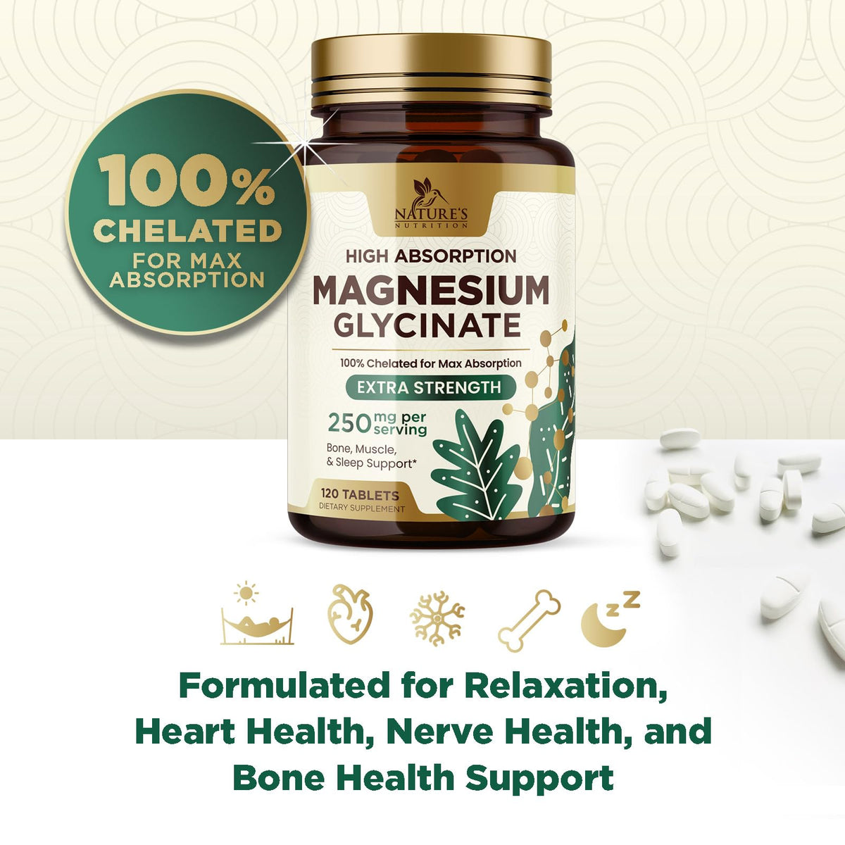 Tablettes de magnésium glycinate Nature's Nutrition, mise en scène sur un fond naturel