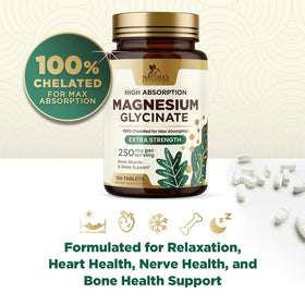 Tablettes de magnésium glycinate Nature's Nutrition, mise en scène sur un fond naturel