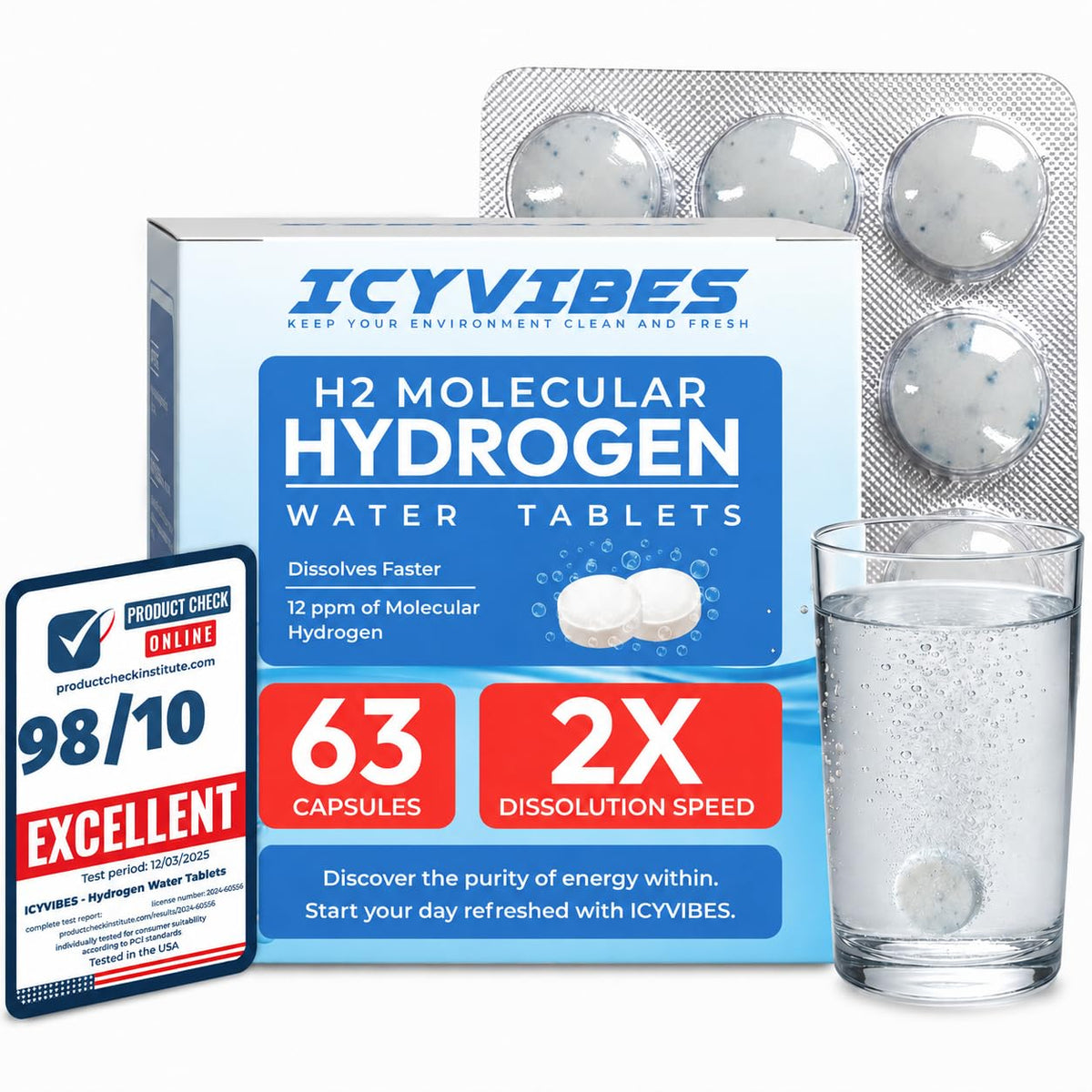 Tablettes de Minéraux Hydrogène ICYVIBES en emballage pratique
