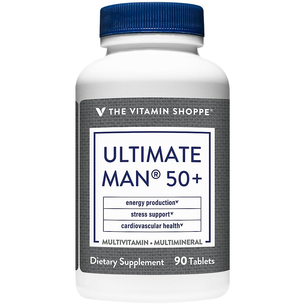 Tablettes de multivitamine Ultimate Man 50+ sur une surface en bois
