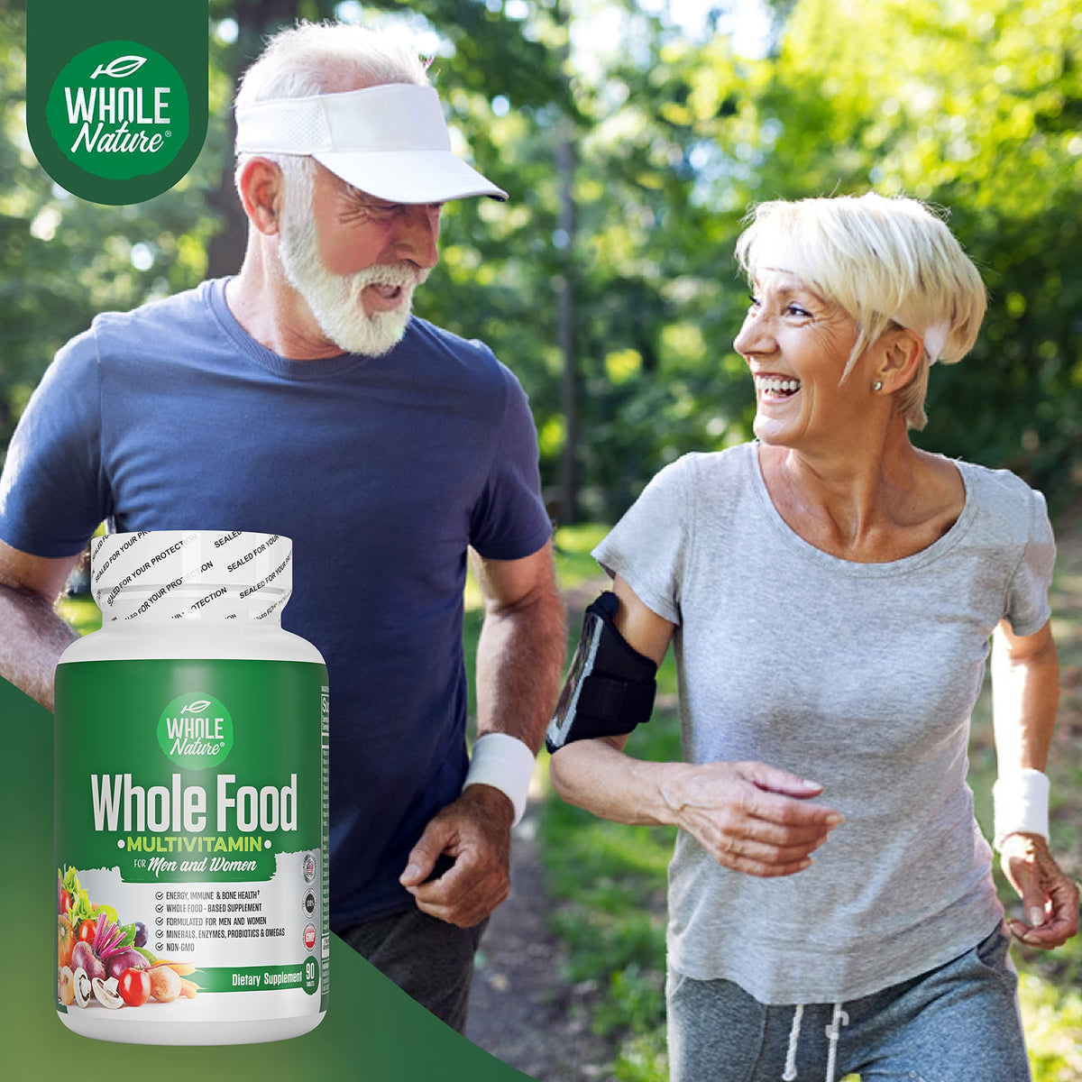 Tablettes de multivitamines Whole Nature sur une surface blanche