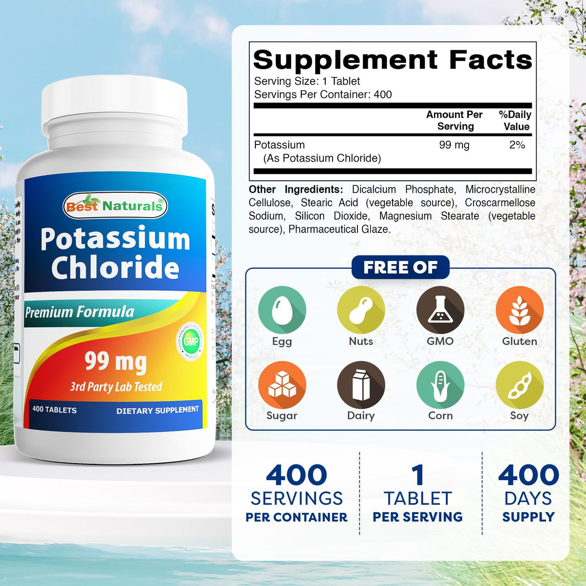 Tablettes de potassium Best Naturals sur fond blanc