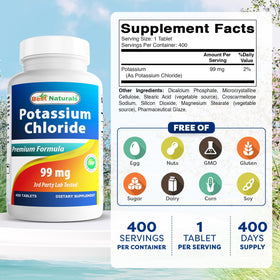 Tablettes de potassium Best Naturals sur fond blanc