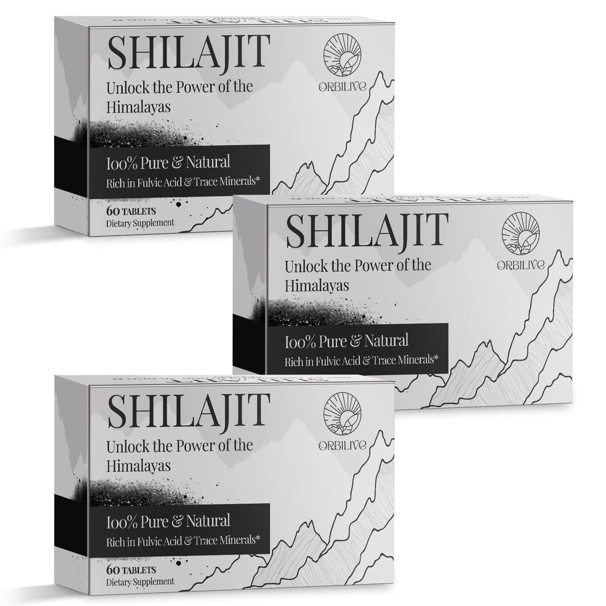 Tablettes de Shilajit ORBILIVE 1000 mg en boîte