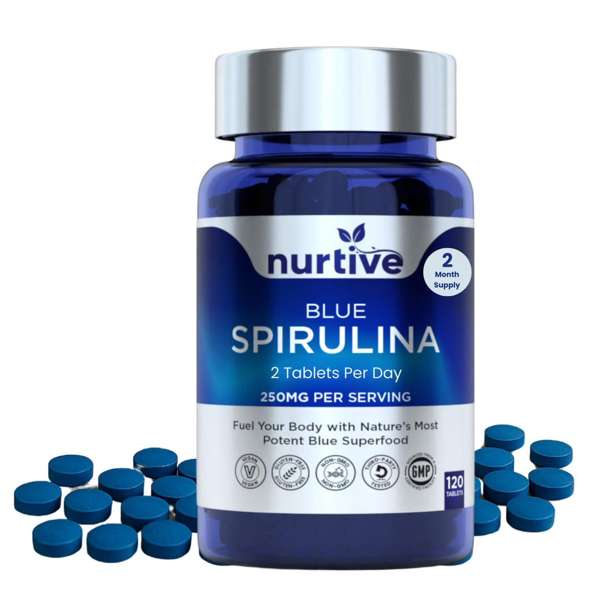 Tablettes de spiruline bleue NURTIVE dans leur emballage
