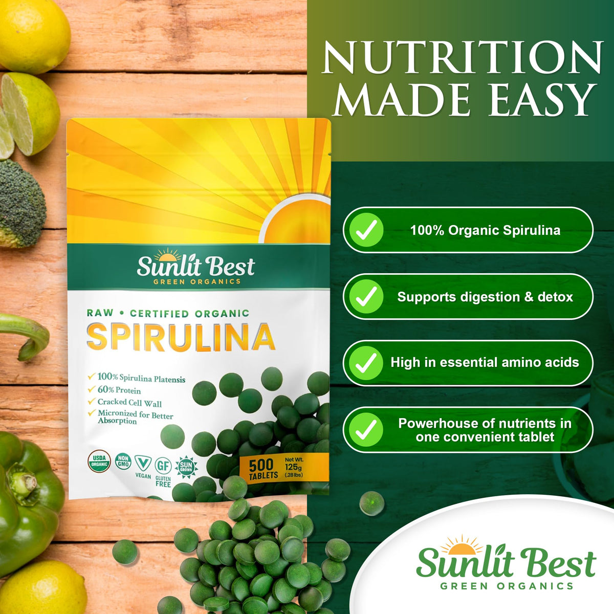 Tablettes de spiruline dans une main