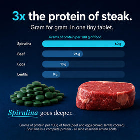 Tablettes de spiruline ENERGYBITS sur une table en bois