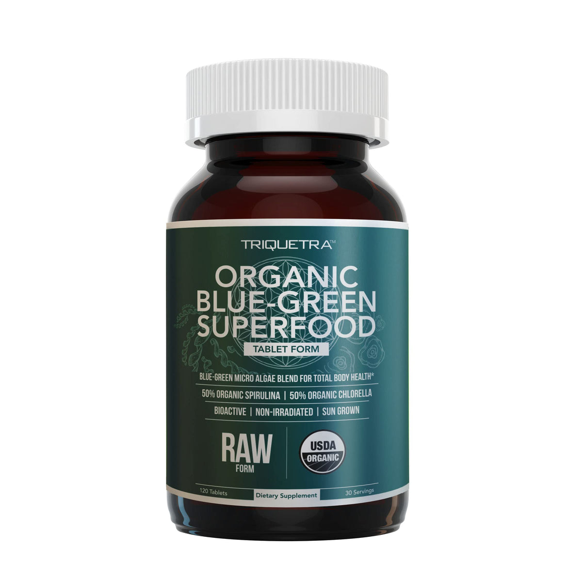 Tablettes de Spiruline et Chlorelle Bio Triquetra Health, vue de face