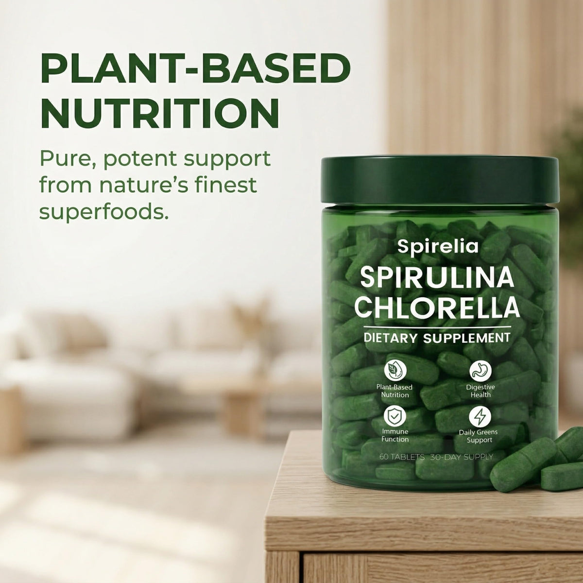 Tablettes de spiruline et chlorelle Bruiseweed avec un verre d'eau