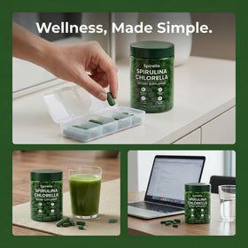 Tablettes de spiruline et chlorelle Bruiseweed dans un bol