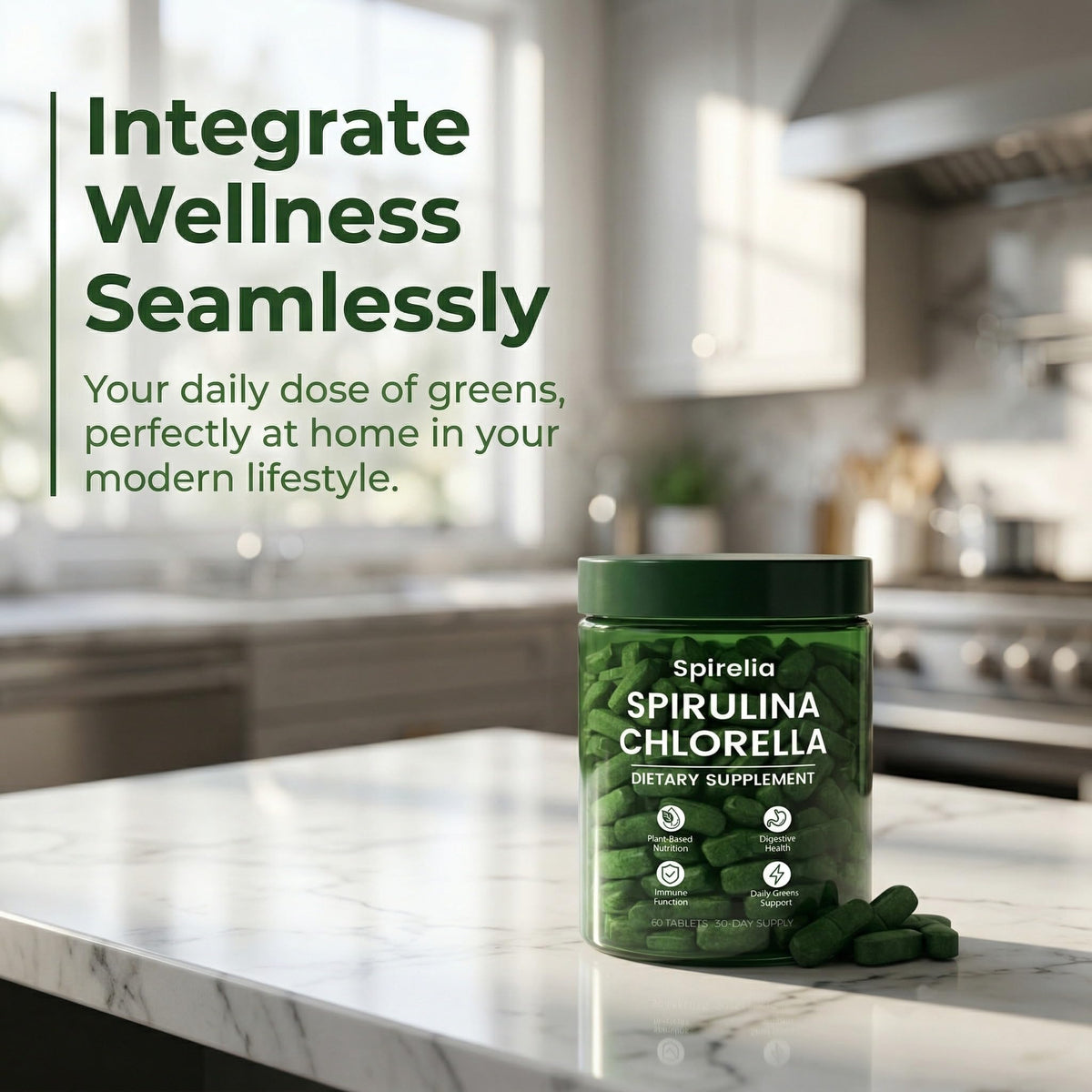 Tablettes de spiruline et chlorelle Bruiseweed sur une table