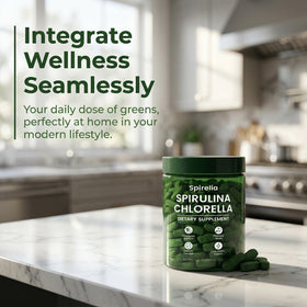 Tablettes de spiruline et chlorelle Bruiseweed sur une table