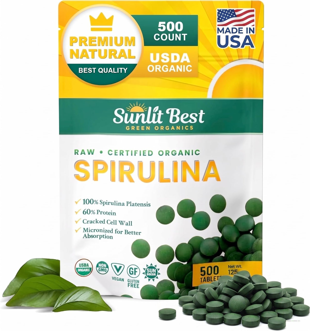 Tablettes de spiruline Sunlit Best Green Organics en bouteille