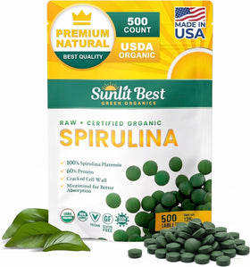 Tablettes de spiruline Sunlit Best Green Organics en bouteille