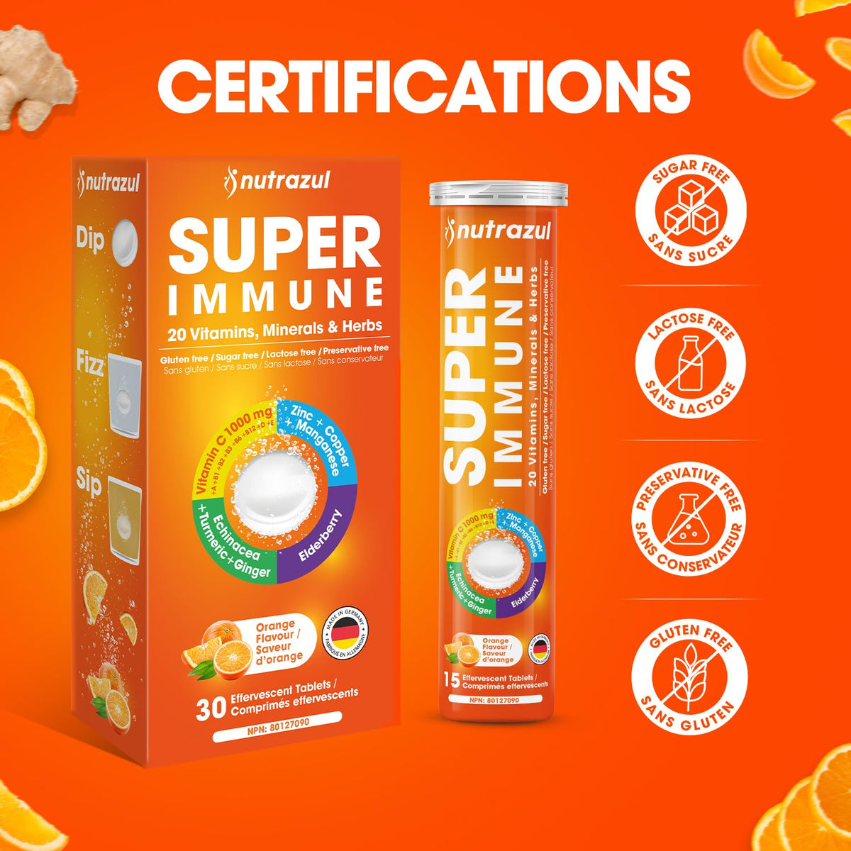 tablettes effervescentes nutrazul Super daily wellness sur une surface en bois