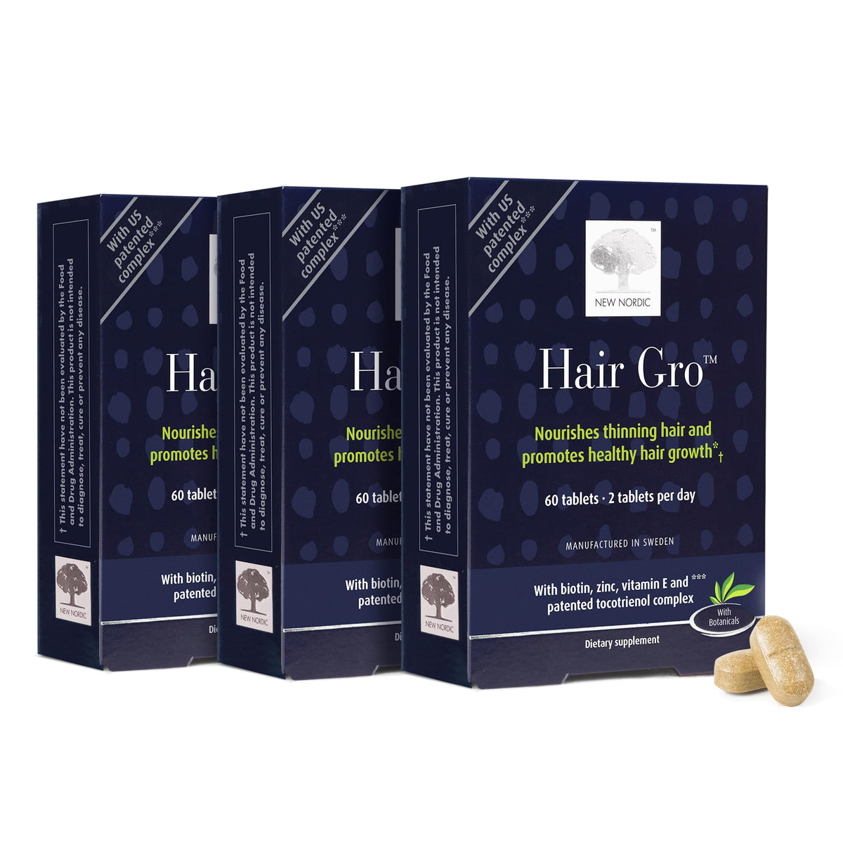 Tablettes Hair GRO de NEW NORDIC en emballage, 180 unités