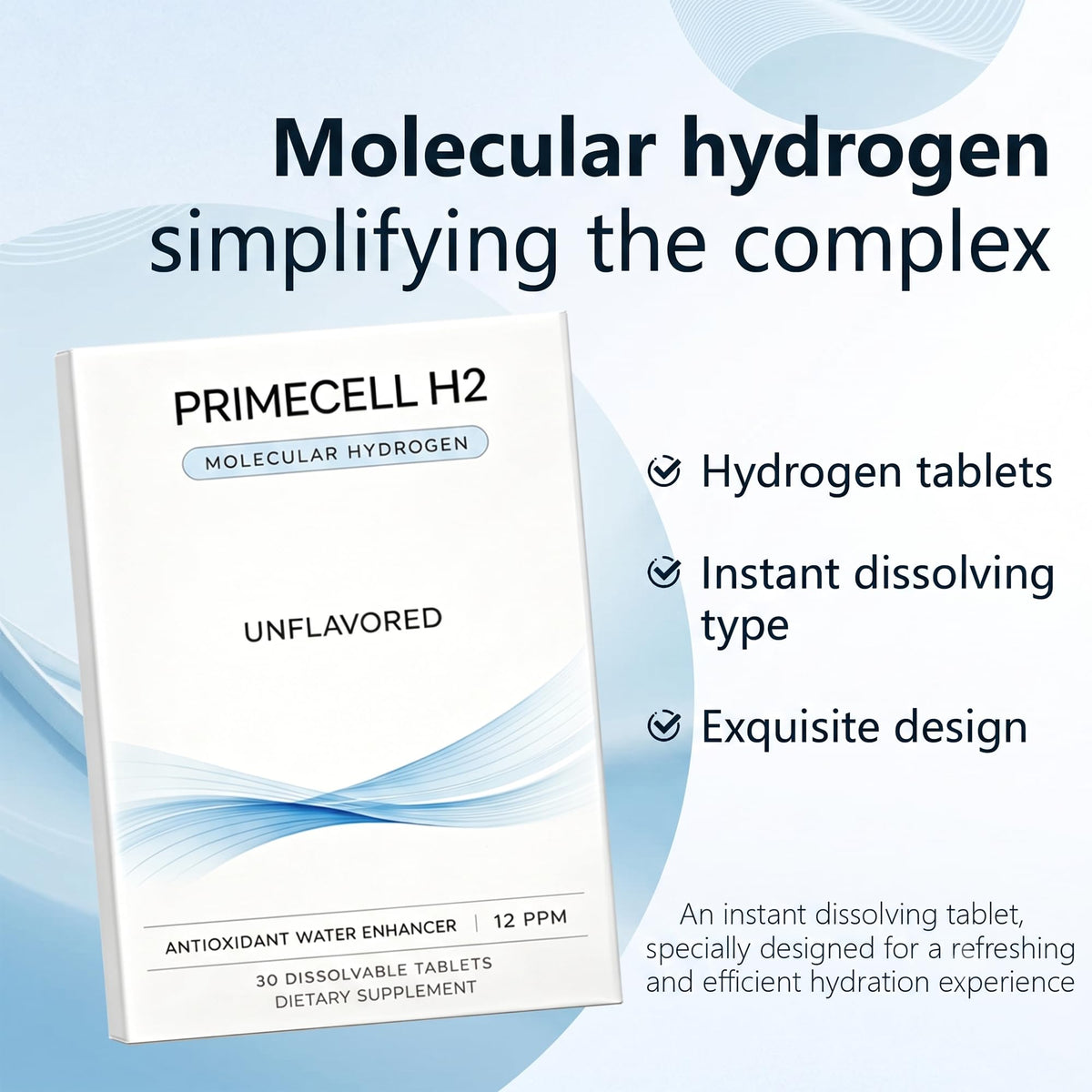 Tablettes PrimeCell H2 Hydroliv montrant l'apparence minérale après dissolution