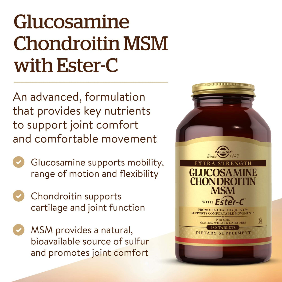 Tablettes Solgar Extra Strength Glucosamine Chondroitin MSM sur fond blanc